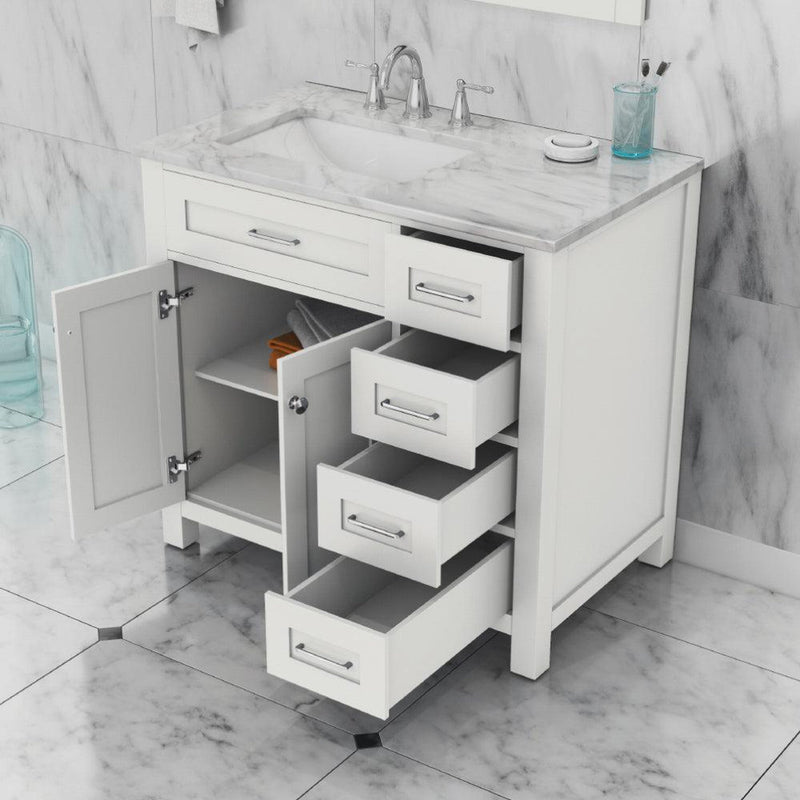 Alya Bath Norwalk 36" Single White Freestanding  Bathroom Vanity With Drawers, Carrara Marble Top and Ceramic Sink and Wall Mounted Mirror - HE-101-36-DR-W-CWMT + HE-101/102-36-W-M - Backyard Provider