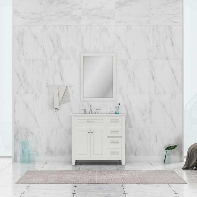 Alya Bath Norwalk 36" Single White Freestanding  Bathroom Vanity With Drawers, Carrara Marble Top and Ceramic Sink and Wall Mounted Mirror - HE-101-36-DR-W-CWMT + HE-101/102-36-W-M - Backyard Provider