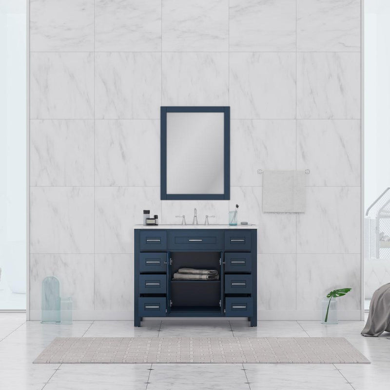 Alya Bath Norwalk 42" Single Blue Freestanding  Bathroom Vanity With Carrara Marble Top, Ceramic Sink and Wall Mounted Mirror - HE-101-42-B-CWMT + HE-101/102-42-B-M - Backyard Provider