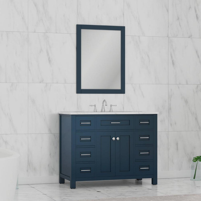 Alya Bath Norwalk 42" Single Blue Freestanding  Bathroom Vanity With Carrara Marble Top, Ceramic Sink and Wall Mounted Mirror - HE-101-42-B-CWMT + HE-101/102-42-B-M - Backyard Provider