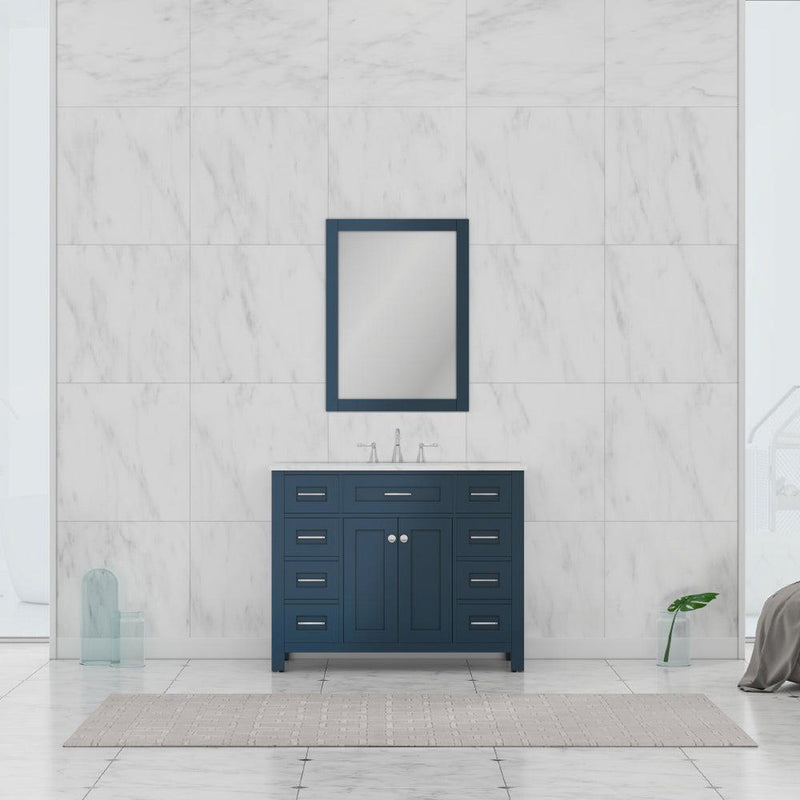 Alya Bath Norwalk 42" Single Blue Freestanding  Bathroom Vanity With Carrara Marble Top, Ceramic Sink and Wall Mounted Mirror - HE-101-42-B-CWMT + HE-101/102-42-B-M - Backyard Provider