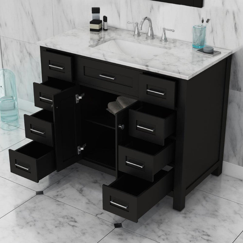 Alya Bath Norwalk 42" Single Espresso Freestanding  Bathroom Vanity With Carrara Marble Top, Ceramic Sink and Wall Mounted Mirror - HE-101-42-E-CWMT + HE-101/102-42-E-M - Backyard Provider