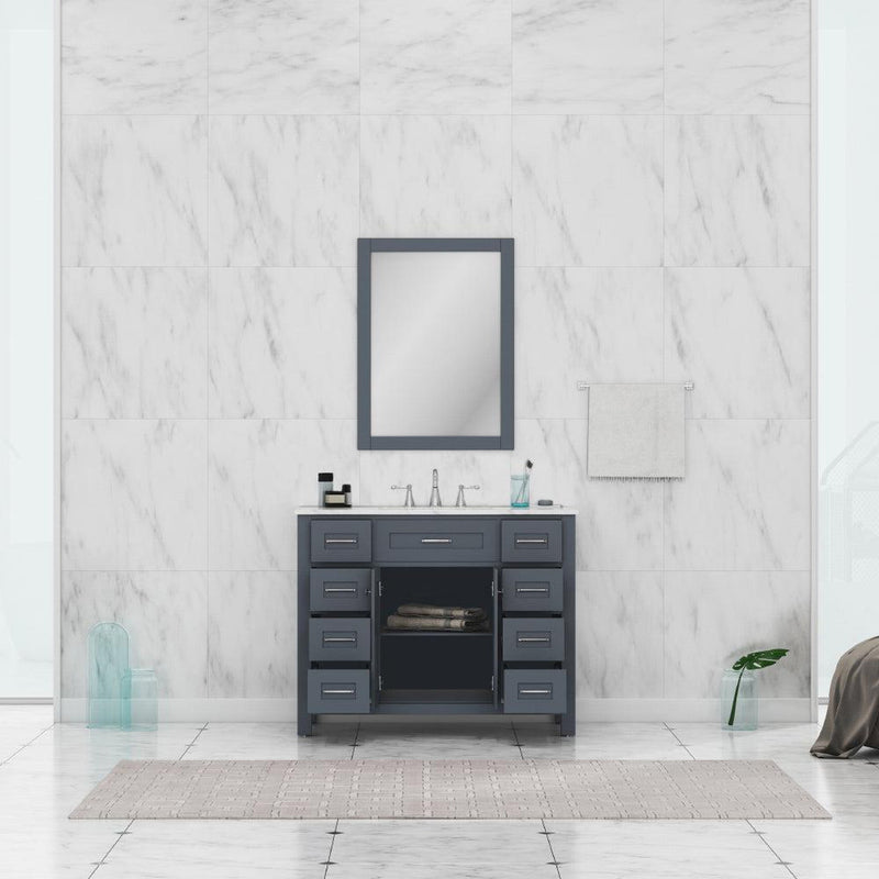 Alya Bath Norwalk 42" Single Gray Freestanding  Bathroom Vanity With Carrara Marble Top, Ceramic Sink and Wall Mounted Mirror - HE-101-42-G-CWMT + HE-101/102-42-W-M - Backyard Provider