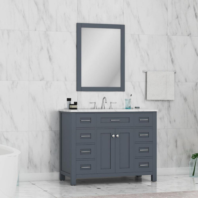 Alya Bath Norwalk 42" Single Gray Freestanding  Bathroom Vanity With Carrara Marble Top, Ceramic Sink and Wall Mounted Mirror - HE-101-42-G-CWMT + HE-101/102-42-W-M - Backyard Provider