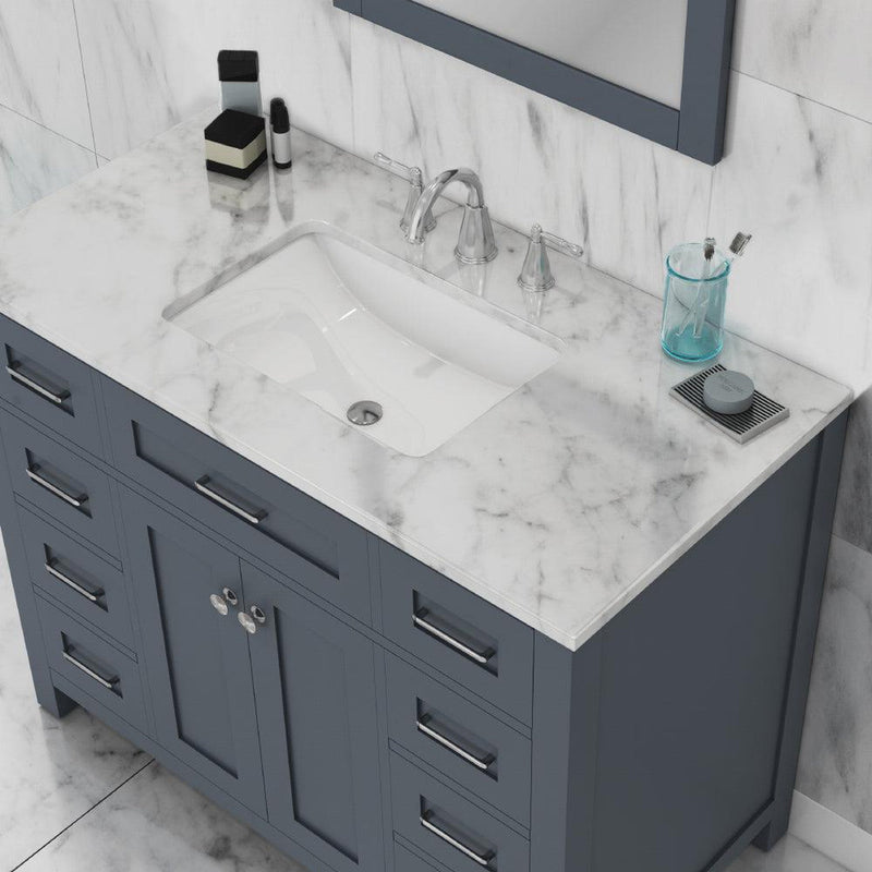 Alya Bath Norwalk 42" Single Gray Freestanding  Bathroom Vanity With Carrara Marble Top, Ceramic Sink and Wall Mounted Mirror - HE-101-42-G-CWMT + HE-101/102-42-W-M - Backyard Provider