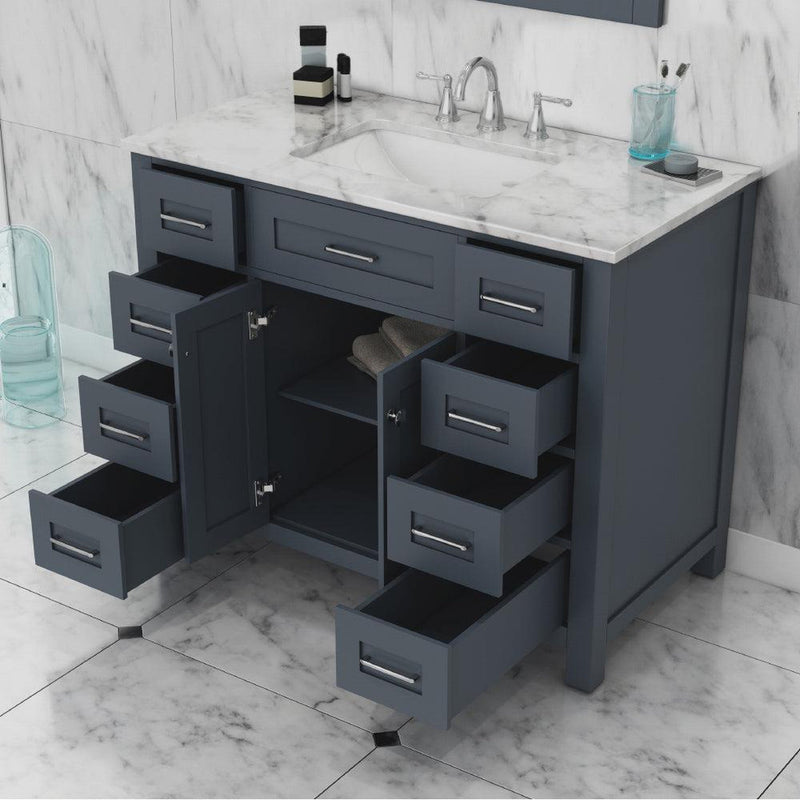 Alya Bath Norwalk 42" Single Gray Freestanding  Bathroom Vanity With Carrara Marble Top, Ceramic Sink and Wall Mounted Mirror - HE-101-42-G-CWMT + HE-101/102-42-W-M - Backyard Provider