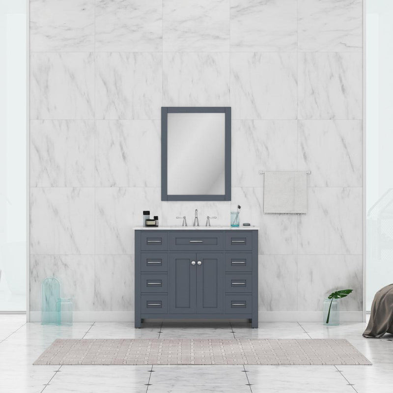 Alya Bath Norwalk 42" Single Gray Freestanding  Bathroom Vanity With Carrara Marble Top, Ceramic Sink and Wall Mounted Mirror - HE-101-42-G-CWMT + HE-101/102-42-W-M - Backyard Provider