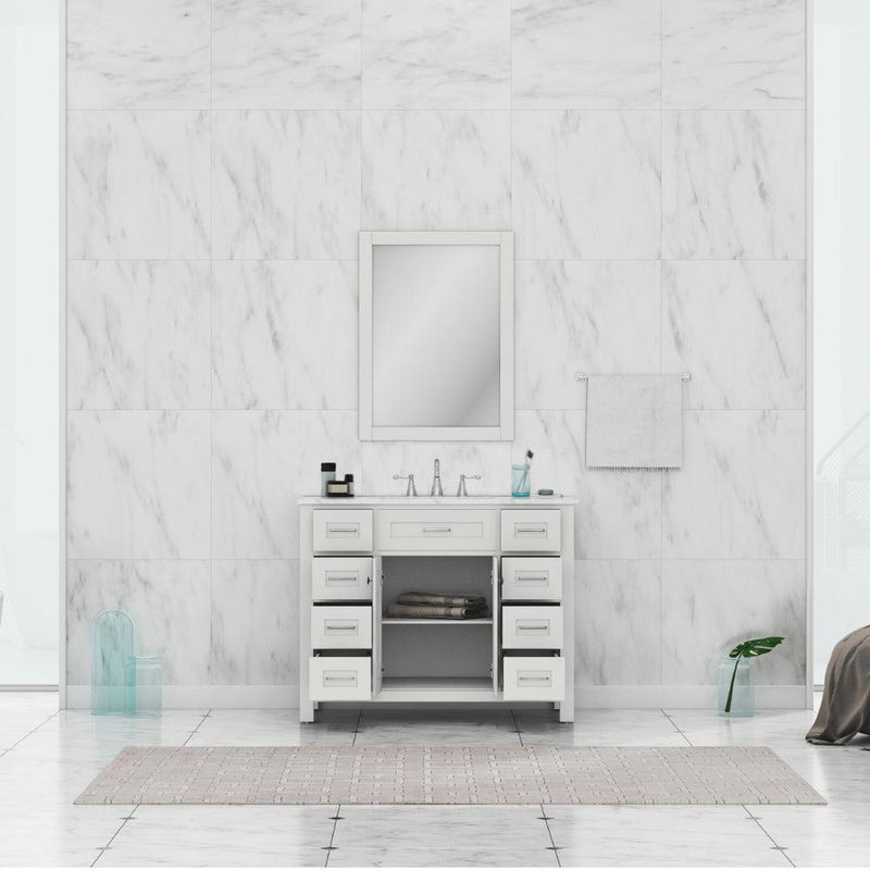 Alya Bath Norwalk 42" Single White Freestanding Bathroom Vanity With Carrara Marble Top, Ceramic Sink and Wall Mounted Mirror - HE-101-42-W-CWMT + HE-101/102-42-G-M - Backyard Provider