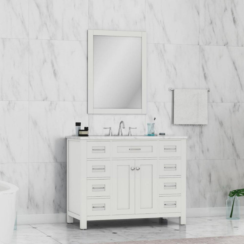 Alya Bath Norwalk 42" Single White Freestanding Bathroom Vanity With Carrara Marble Top, Ceramic Sink and Wall Mounted Mirror - HE-101-42-W-CWMT + HE-101/102-42-G-M - Backyard Provider