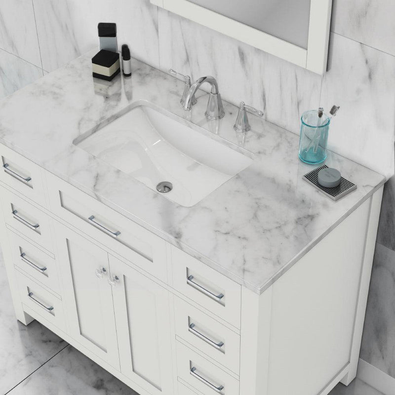 Alya Bath Norwalk 42" Single White Freestanding Bathroom Vanity With Carrara Marble Top, Ceramic Sink and Wall Mounted Mirror - HE-101-42-W-CWMT + HE-101/102-42-G-M - Backyard Provider