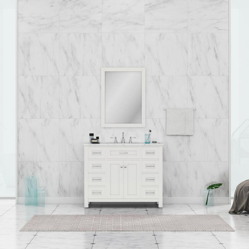 Alya Bath Norwalk 42" Single White Freestanding Bathroom Vanity With Carrara Marble Top, Ceramic Sink and Wall Mounted Mirror - HE-101-42-W-CWMT + HE-101/102-42-G-M - Backyard Provider