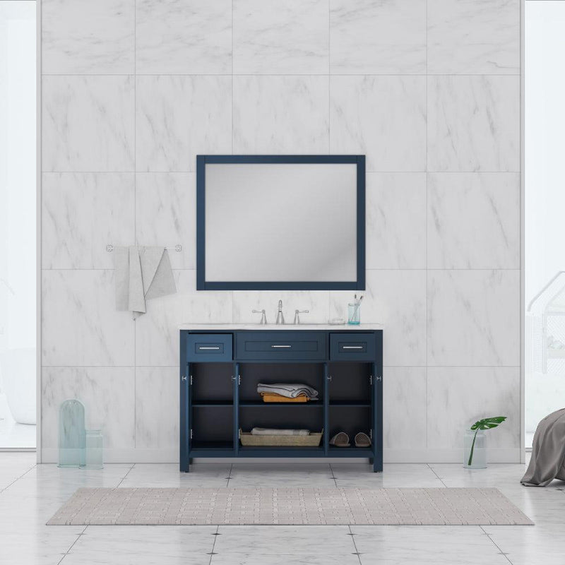 Alya Bath Norwalk 48" Single Blue Freestanding  Bathroom Vanity With Carrara Marble Top, Ceramic Sink and Wall Mounted Mirror - HE-101-48-B-CWMT + HE-101/102-42-B-M - Backyard Provider