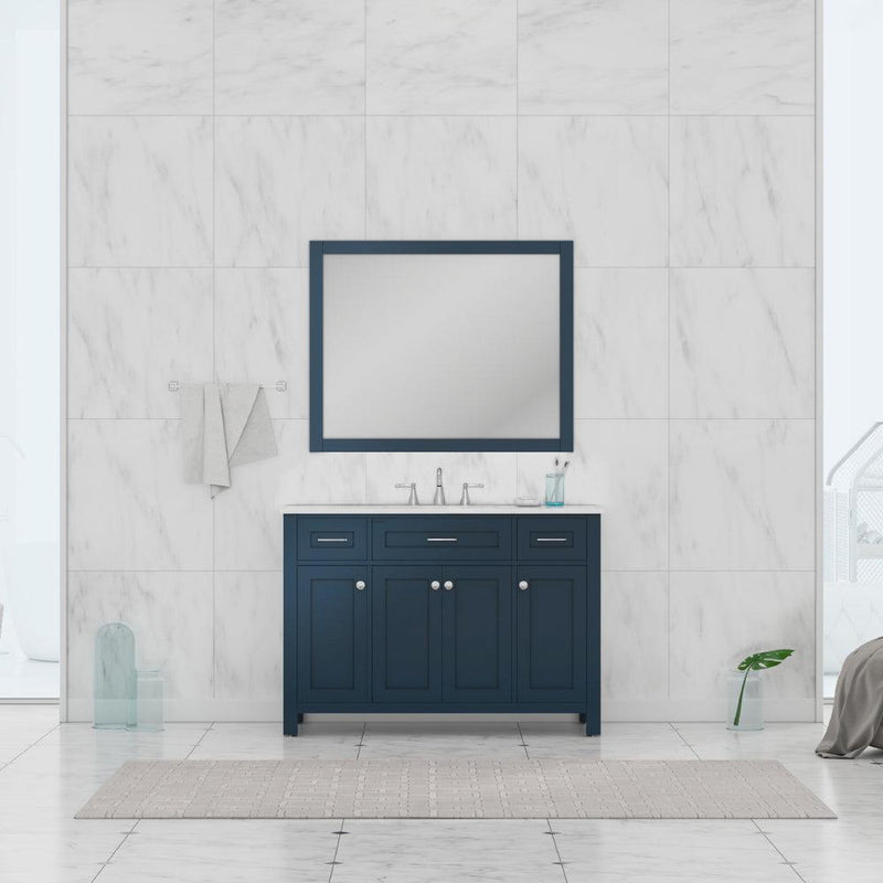 Alya Bath Norwalk 48" Single Blue Freestanding  Bathroom Vanity With Carrara Marble Top, Ceramic Sink and Wall Mounted Mirror - HE-101-48-B-CWMT + HE-101/102-42-B-M - Backyard Provider