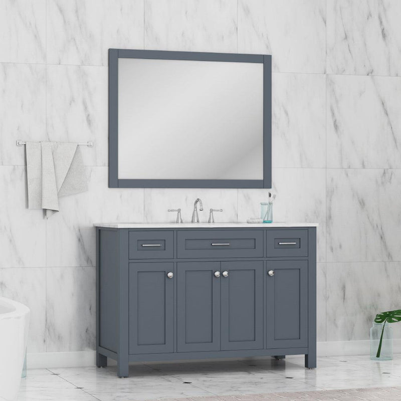 Alya Bath Norwalk 48" Single Gray Freestanding  Bathroom Vanity With Carrara Marble Top, Ceramic Sink and Wall Mounted Mirror - HE-101-48-G-CWMT + HE-101/102-42-G-M - Backyard Provider