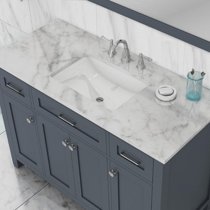 Alya Bath Norwalk 48" Single Gray Freestanding  Bathroom Vanity With Carrara Marble Top, Ceramic Sink and Wall Mounted Mirror - HE-101-48-G-CWMT + HE-101/102-42-G-M - Backyard Provider