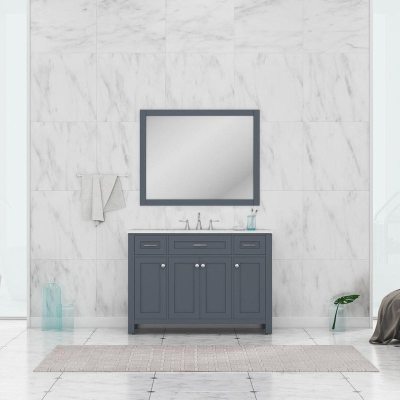 Alya Bath Norwalk 48" Single Gray Freestanding  Bathroom Vanity With Carrara Marble Top, Ceramic Sink and Wall Mounted Mirror - HE-101-48-G-CWMT + HE-101/102-42-G-M - Backyard Provider