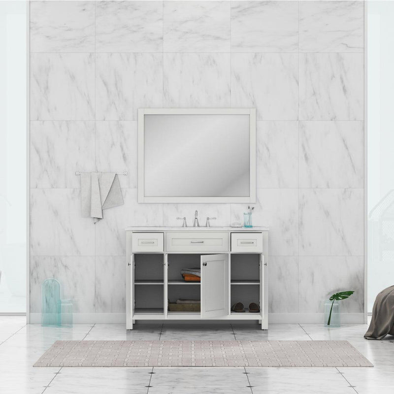 Alya Bath Norwalk 48" Single White Freestanding  Bathroom Vanity With Carrara Marble Top, Ceramic Sink and Wall Mounted Mirror - HE-101-48-W-CWMT + HE-101/102-42-G-M - Backyard Provider