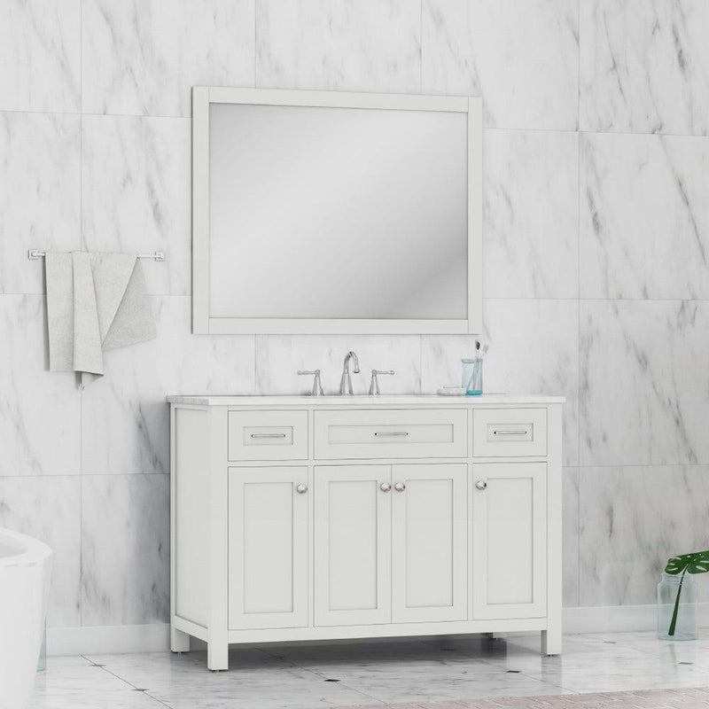 Alya Bath Norwalk 48" Single White Freestanding  Bathroom Vanity With Carrara Marble Top, Ceramic Sink and Wall Mounted Mirror - HE-101-48-W-CWMT + HE-101/102-42-G-M - Backyard Provider