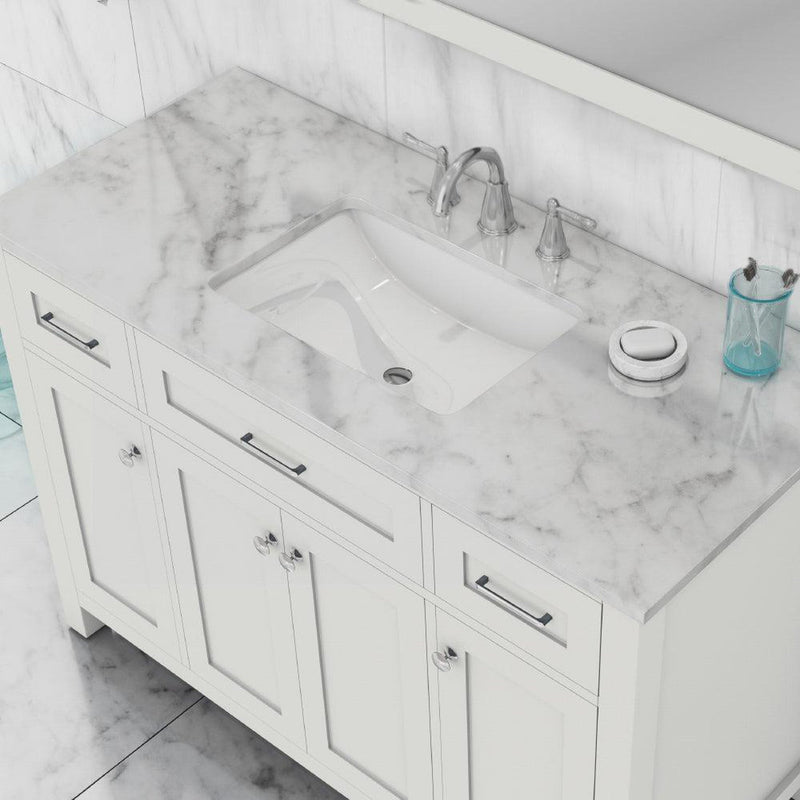 Alya Bath Norwalk 48" Single White Freestanding  Bathroom Vanity With Carrara Marble Top, Ceramic Sink and Wall Mounted Mirror - HE-101-48-W-CWMT + HE-101/102-42-G-M - Backyard Provider