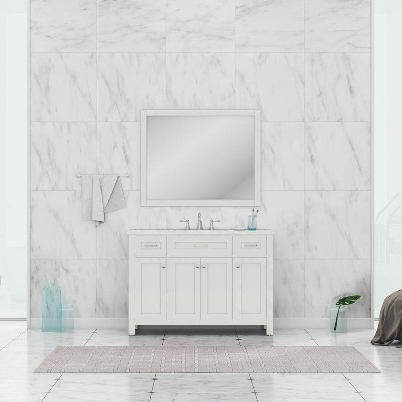 Alya Bath Norwalk 48" Single White Freestanding  Bathroom Vanity With Carrara Marble Top, Ceramic Sink and Wall Mounted Mirror - HE-101-48-W-CWMT + HE-101/102-42-G-M - Backyard Provider