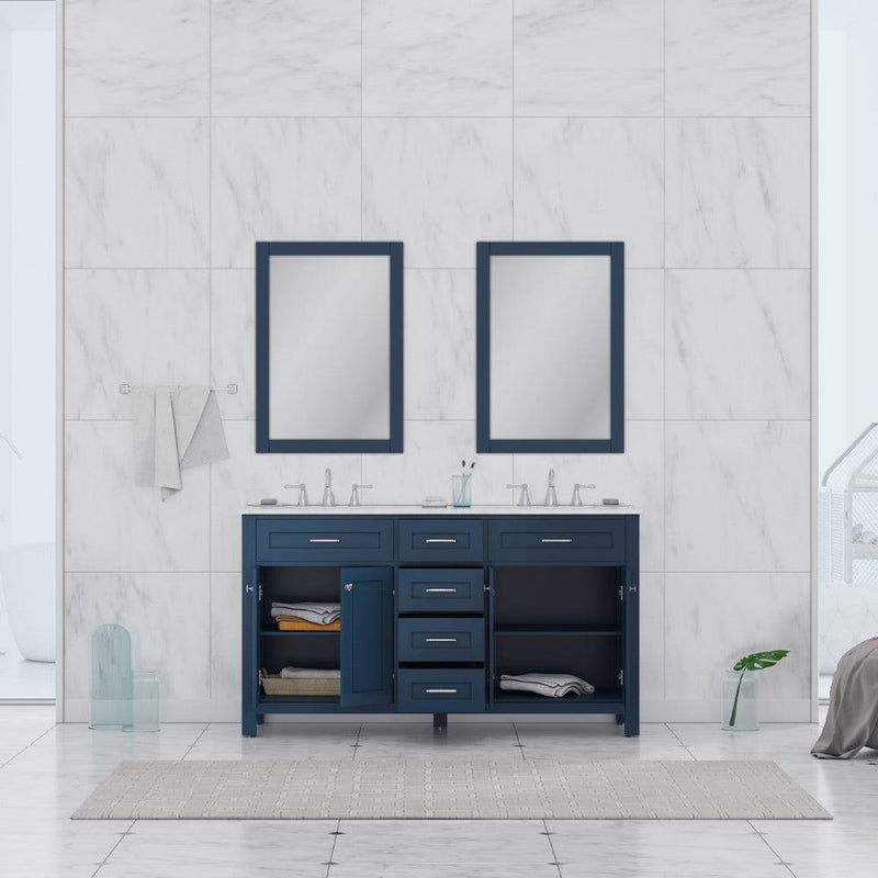 Alya Bath Norwalk 60" Double Blue Freestanding  Bathroom Vanity With Carrara Marble Top, Ceramic Sinks and Two Mirrors - HE-101-60D-B-CWMT + 2x HE-101/102-24-B-M - Backyard Provider