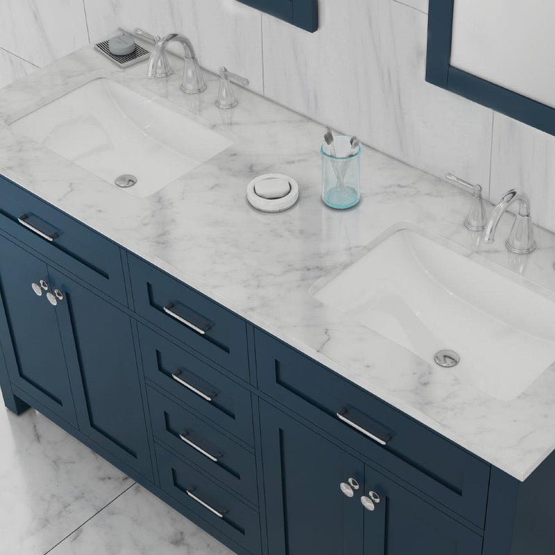 Alya Bath Norwalk 60" Double Blue Freestanding  Bathroom Vanity With Carrara Marble Top, Ceramic Sinks and Two Mirrors - HE-101-60D-B-CWMT + 2x HE-101/102-24-B-M - Backyard Provider