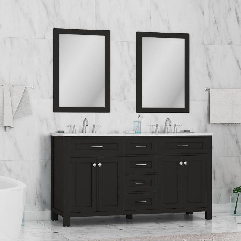 Alya Bath Norwalk 60" Double Espresso Freestanding  Bathroom Vanity With Carrara Marble Top, Ceramic Sinks and Two Mirrors - HE-101-60D-E-CWMT + 2x HE-101/102-24-E-M - Backyard Provider