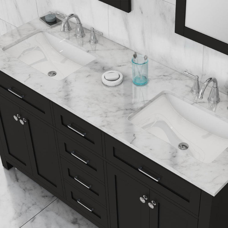 Alya Bath Norwalk 60" Double Espresso Freestanding  Bathroom Vanity With Carrara Marble Top, Ceramic Sinks and Two Mirrors - HE-101-60D-E-CWMT + 2x HE-101/102-24-E-M - Backyard Provider