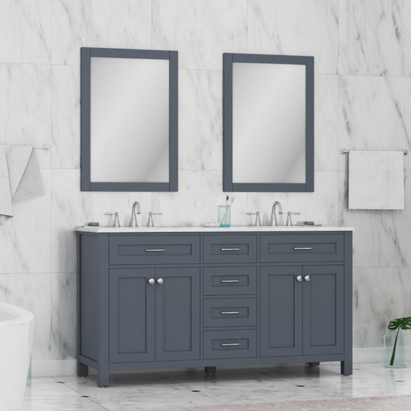 Alya Bath Norwalk 60" Double Gray Freestanding  Bathroom Vanity With Carrara Marble Top, Ceramic Sinks and Two Mirrors - HE-101-60D-G-CWMT + 2x HE-101/102-24-G-M - Backyard Provider