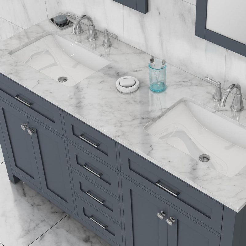 Alya Bath Norwalk 60" Double Gray Freestanding  Bathroom Vanity With Carrara Marble Top, Ceramic Sinks and Two Mirrors - HE-101-60D-G-CWMT + 2x HE-101/102-24-G-M - Backyard Provider