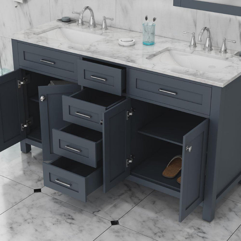 Alya Bath Norwalk 60" Double Gray Freestanding  Bathroom Vanity With Carrara Marble Top, Ceramic Sinks and Two Mirrors - HE-101-60D-G-CWMT + 2x HE-101/102-24-G-M - Backyard Provider