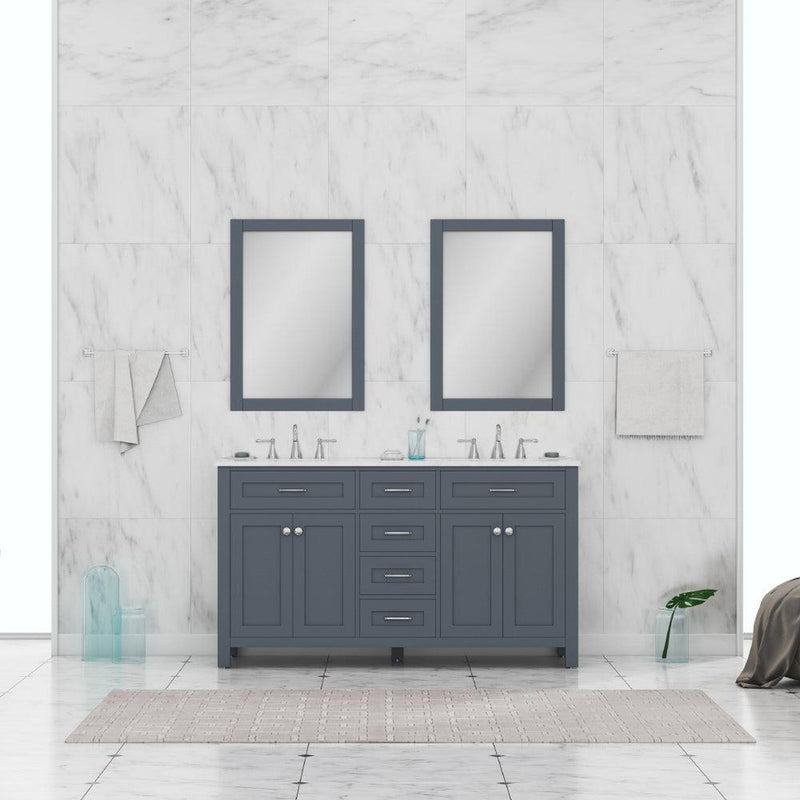 Alya Bath Norwalk 60" Double Gray Freestanding  Bathroom Vanity With Carrara Marble Top, Ceramic Sinks and Two Mirrors - HE-101-60D-G-CWMT + 2x HE-101/102-24-G-M - Backyard Provider