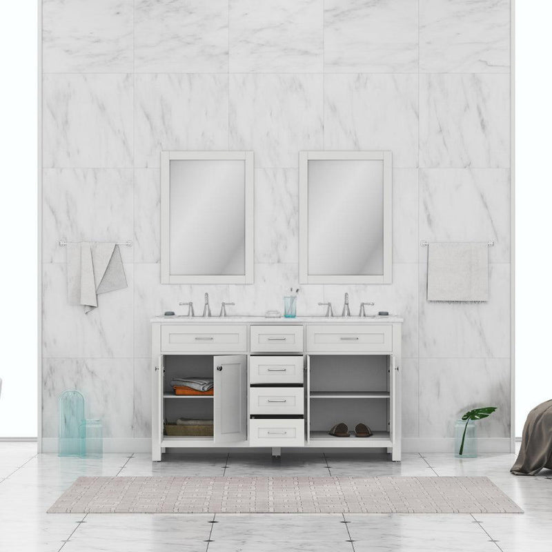 Alya Bath Norwalk 60" Double White Freestanding  Bathroom Vanity With Carrara Marble Top, Ceramic Sink and Two Mirrors - HE-101-60D-W-CWMT + 2x HE-101/102-24-W-M - Backyard Provider