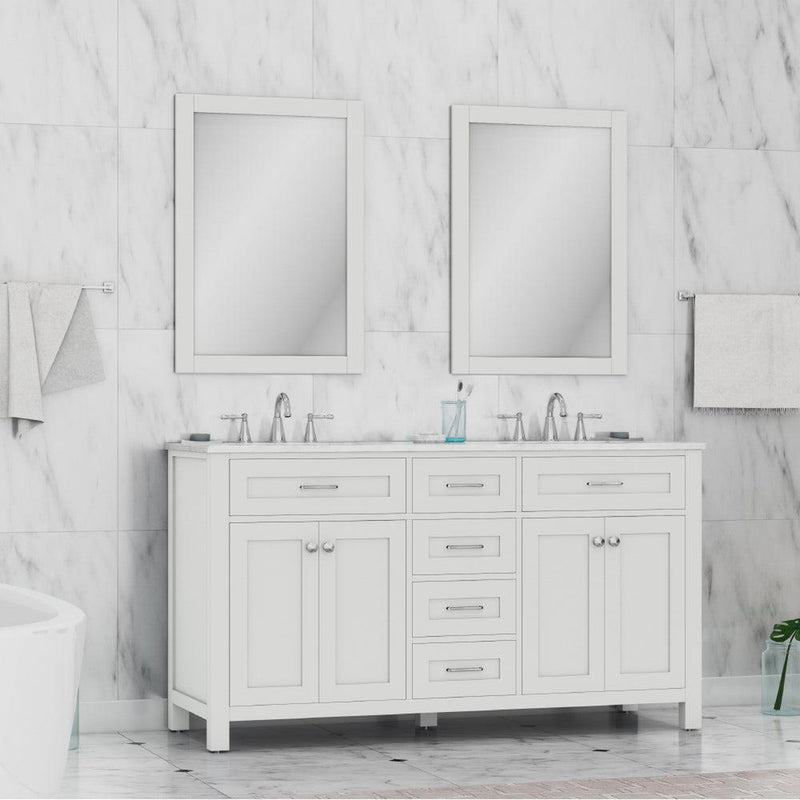 Alya Bath Norwalk 60" Double White Freestanding  Bathroom Vanity With Carrara Marble Top, Ceramic Sink and Two Mirrors - HE-101-60D-W-CWMT + 2x HE-101/102-24-W-M - Backyard Provider