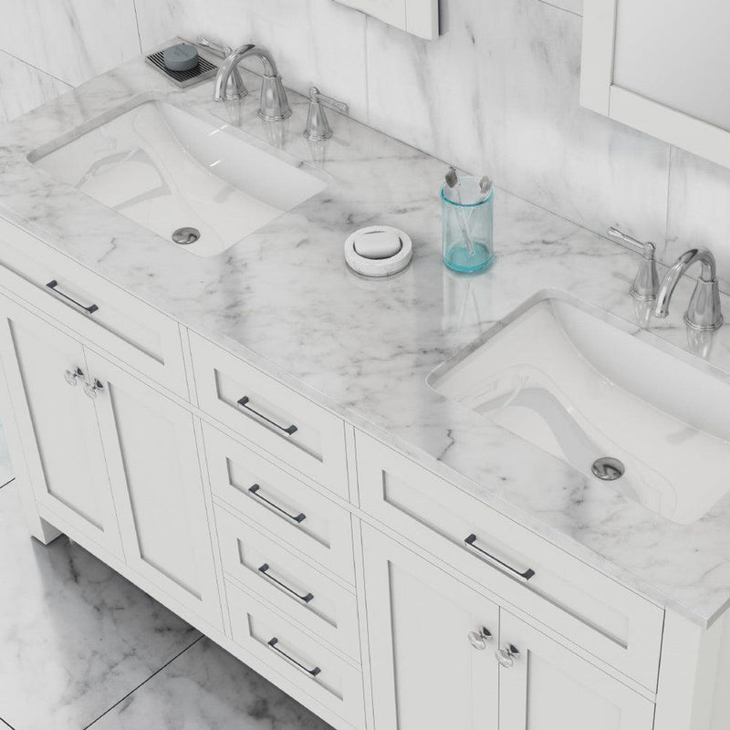 Alya Bath Norwalk 60" Double White Freestanding  Bathroom Vanity With Carrara Marble Top, Ceramic Sink and Two Mirrors - HE-101-60D-W-CWMT + 2x HE-101/102-24-W-M - Backyard Provider