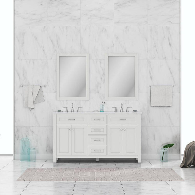 Alya Bath Norwalk 60" Double White Freestanding  Bathroom Vanity With Carrara Marble Top, Ceramic Sink and Two Mirrors - HE-101-60D-W-CWMT + 2x HE-101/102-24-W-M - Backyard Provider