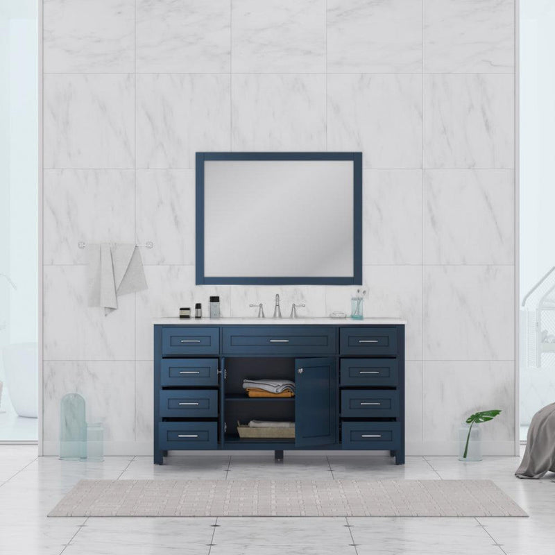 Alya Bath Norwalk 60" Single Blue Freestanding Single Bathroom Vanity With Carrara Marble Top, Ceramic Sink and Wall Mounted Mirror - HE-101-60S-B-CWMT - Backyard Provider