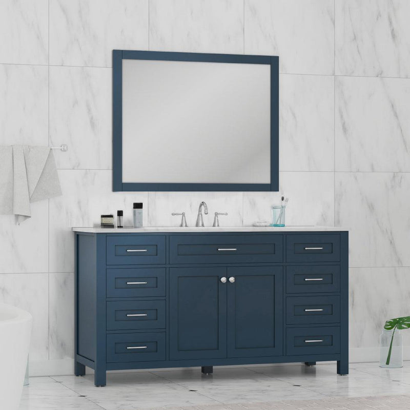 Alya Bath Norwalk 60" Single Blue Freestanding Single Bathroom Vanity With Carrara Marble Top, Ceramic Sink and Wall Mounted Mirror - HE-101-60S-B-CWMT - Backyard Provider