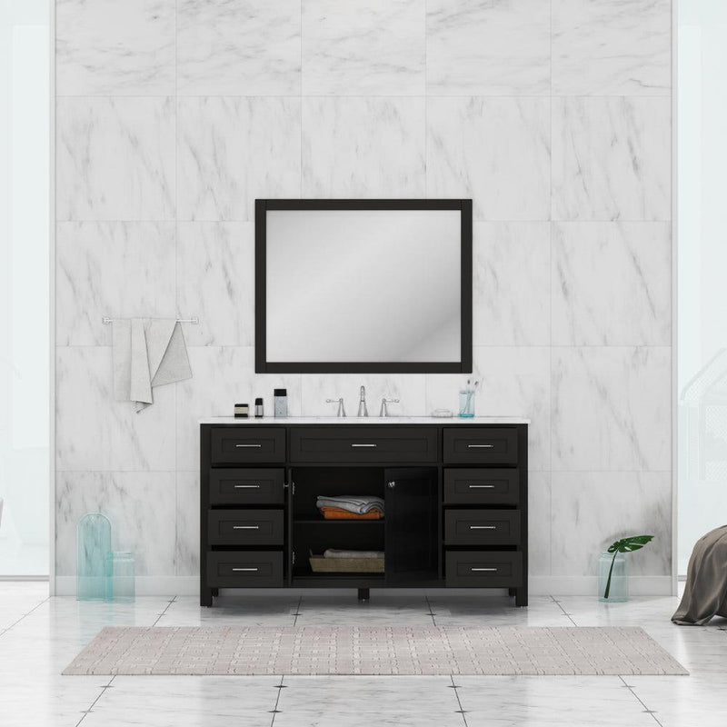 Alya Bath Norwalk 60" Single Espresso Freestanding  Bathroom Vanity With Carrara Marble Top, Ceramic Sink and Wall Mounted Mirror - HE-101-60S-E-CWMT + AT-48-M-B - Backyard Provider