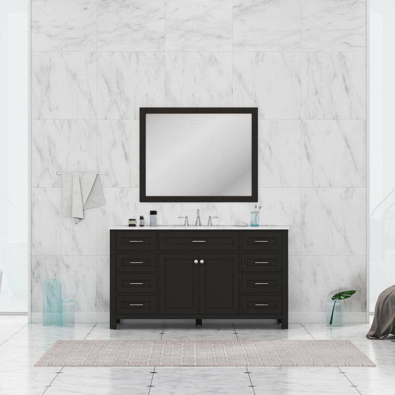 Alya Bath Norwalk 60" Single Espresso Freestanding  Bathroom Vanity With Carrara Marble Top, Ceramic Sink and Wall Mounted Mirror - HE-101-60S-E-CWMT + AT-48-M-B - Backyard Provider