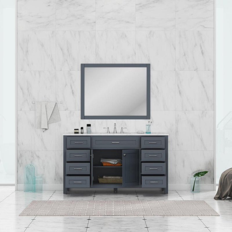 Alya Bath Norwalk 60" Single Gray Freestanding  Bathroom Vanity With Carrara Marble Top, Ceramic Sink and Wall Mounted Mirror - HE-101-60S-G-CWMT + AT-48-M-G - Backyard Provider