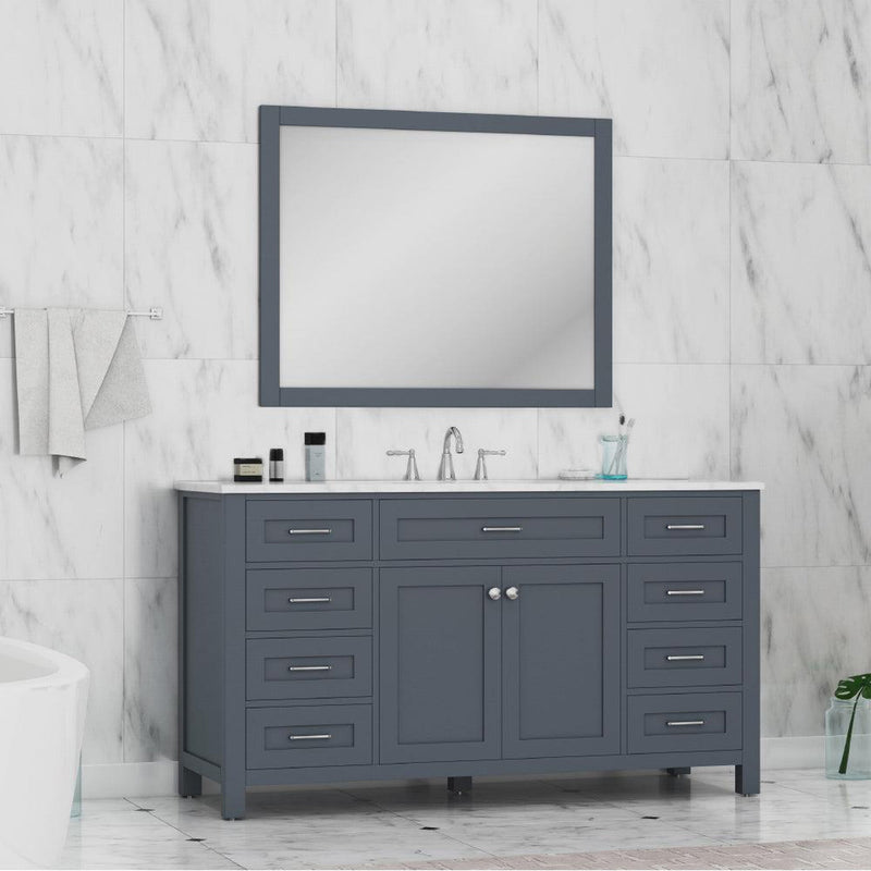 Alya Bath Norwalk 60" Single Gray Freestanding  Bathroom Vanity With Carrara Marble Top, Ceramic Sink and Wall Mounted Mirror - HE-101-60S-G-CWMT + AT-48-M-G - Backyard Provider