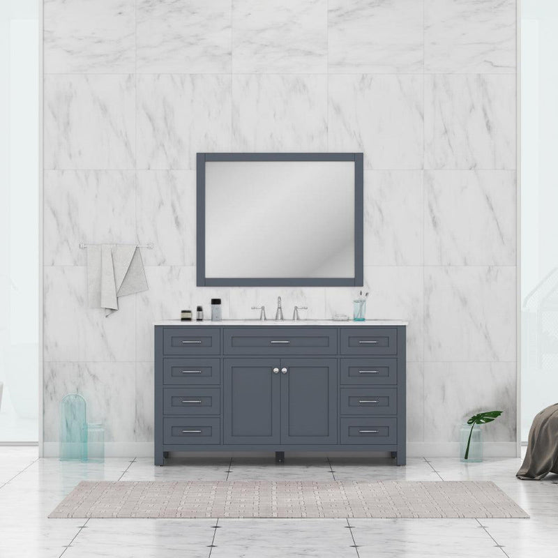 Alya Bath Norwalk 60" Single Gray Freestanding  Bathroom Vanity With Carrara Marble Top, Ceramic Sink and Wall Mounted Mirror - HE-101-60S-G-CWMT + AT-48-M-G - Backyard Provider