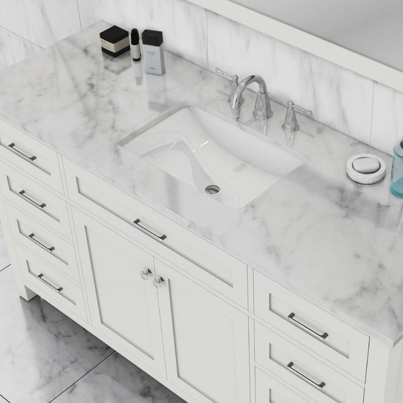 Alya Bath Norwalk 60" Single White Freestanding  Bathroom Vanity With Carrara Marble Top, Ceramic Sink with Wall Mounted Mirror - HE-101-60S-W-CWMT + AT-48-M-W - Backyard Provider