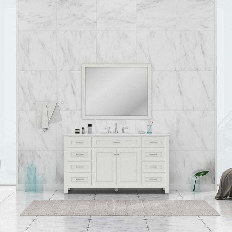 Alya Bath Norwalk 60" Single White Freestanding  Bathroom Vanity With Carrara Marble Top, Ceramic Sink with Wall Mounted Mirror - HE-101-60S-W-CWMT + AT-48-M-W - Backyard Provider