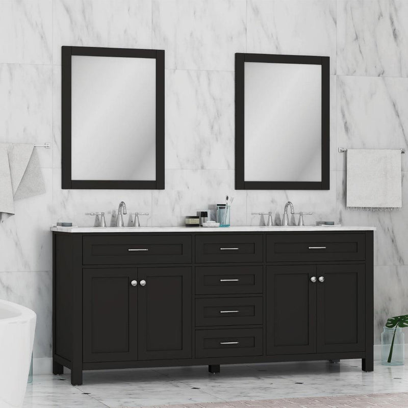 Alya Bath Norwalk 72" Double Espresso Freestanding  Bathroom Vanity With Carrara Marble Top, Ceramic Sink and Two Mirrors - HE-101-72D-E-CWMT + 2x HE-101/102-30-E-M - Backyard Provider