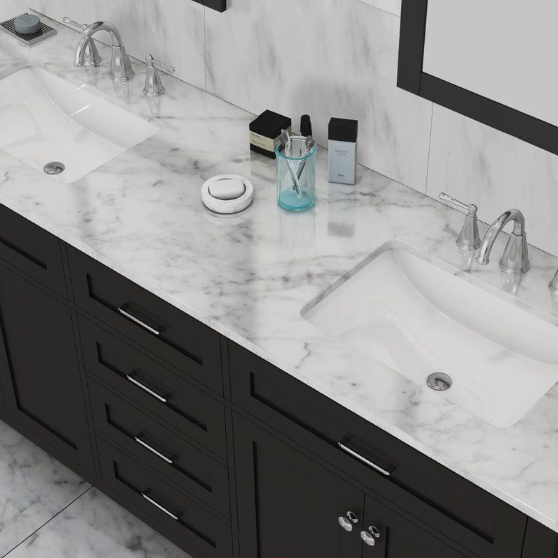 Alya Bath Norwalk 72" Double Espresso Freestanding  Bathroom Vanity With Carrara Marble Top, Ceramic Sink and Two Mirrors - HE-101-72D-E-CWMT + 2x HE-101/102-30-E-M - Backyard Provider