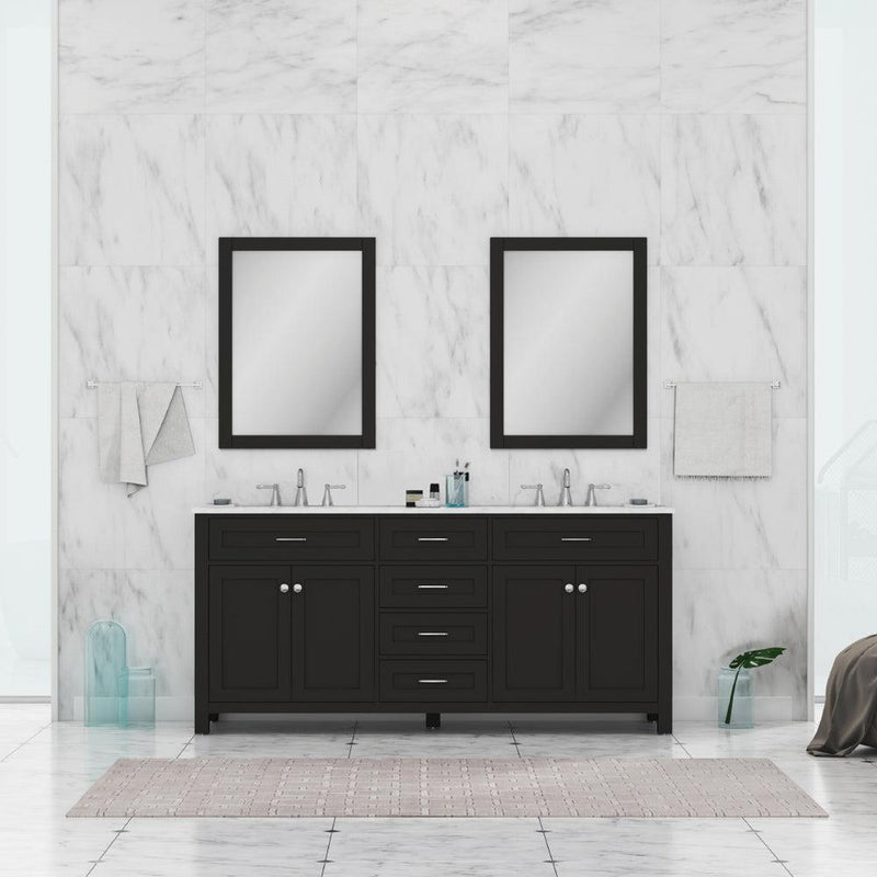 Alya Bath Norwalk 72" Double Espresso Freestanding  Bathroom Vanity With Carrara Marble Top, Ceramic Sink and Two Mirrors - HE-101-72D-E-CWMT + 2x HE-101/102-30-E-M - Backyard Provider