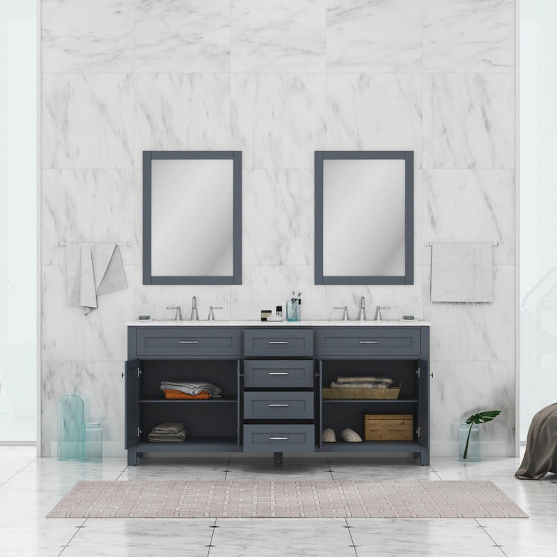 Alya Bath Norwalk 72" Double Gray Freestanding  Bathroom Vanity With Carrara Marble Top, Ceramic Sink and Two Mirrors - HE-101-72D-G-CWMT + 2x HE-101/102-30-G-M - Backyard Provider