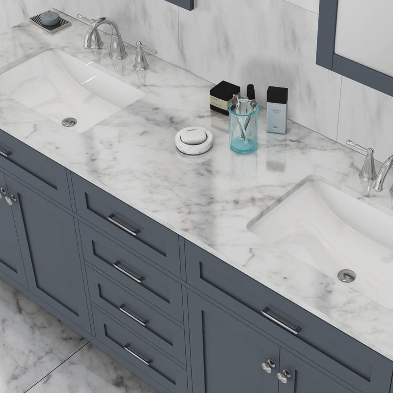 Alya Bath Norwalk 72" Double Gray Freestanding  Bathroom Vanity With Carrara Marble Top, Ceramic Sink and Two Mirrors - HE-101-72D-G-CWMT + 2x HE-101/102-30-G-M - Backyard Provider